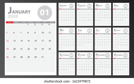 Calendar 2020 template. Planner diary in a minimalist style. Corporate and business calendar. Week Starts Sunday