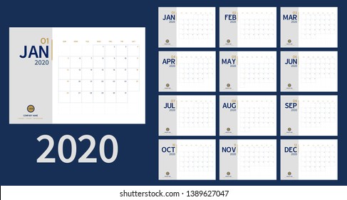 Calendar 2020 template planner Vector new year calender in clean minimal table simple style and blue gold color,Holiday event planner,Week Starts Sunday.12 month annual timetable diary