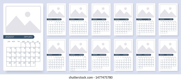 Calendar 2020 template planner vector new year calendar in clean minimal table simple style and blue white color. Set of 12 calendar pages vector design print template with place for photo.