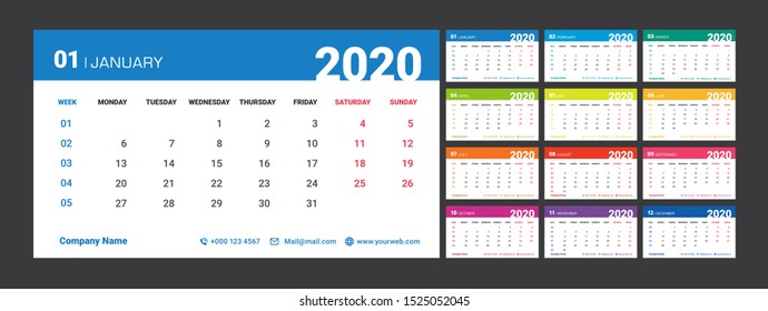 Calendar 2020 template planner Vector new year calender,  simple style and colorful,Holiday event planner,12 month annual timetable diary