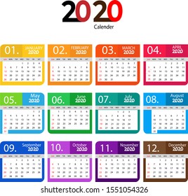Calendar 2020 template planner Vector new year calendar in clean minimal table simple style ,Holiday event planner.12 month annual time table diary