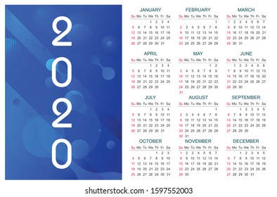 Calendar 2020 template planner Vector new year calender in clean minimal table simple style and blue gold color,Holiday event planner,Week Starts Sunday.12 month annual timetable diary