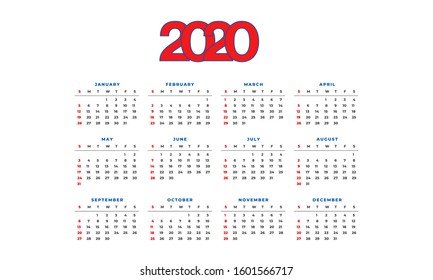 Calendar 2020 template planner Vector new year calender in clean minimal table simple style and blue red color,Week Starts Sunday.12 month annual timetable diary