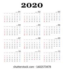 Calendar 2020 template planner Vector new year