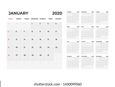 Calendar 2020 template. Calendar planning week.