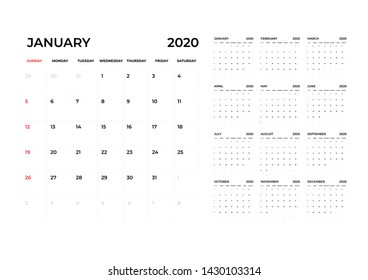 Plantilla de calendario 2020. Semana de planificación del calendario.
