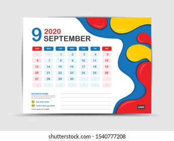 Calendar 2020 template, SEPTEMBER, Desk calendar 2020 template, Fluid colorful background, advertisement, Trendy minimal, creative design