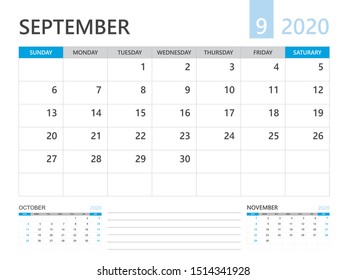 Calendar 2020 template, SEPTEMBER 2020 year, desk calendar 2020 layout, corporate design planner template. blue background