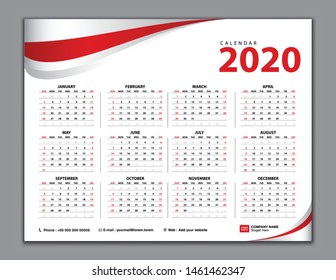 Calendar 2020 template, Simple calendar 2020 vector, desk calendar 2020 year, poster, Wall calendar design, planner, Week starts from Sunday. Set of 12 Months, vector template, red wave background
