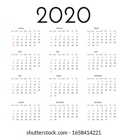 Calendar 2020 template. Tradicional calendar. Calendar starts sunday. Vector illustration.
