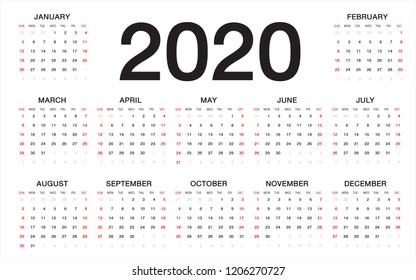 Calendar 2020 template vector. Set of 12 Months calendar 2020 year for Desk calendar 2020 design, wall calendar, poster, planner, print media, advertisement. Simple design. vector illustration