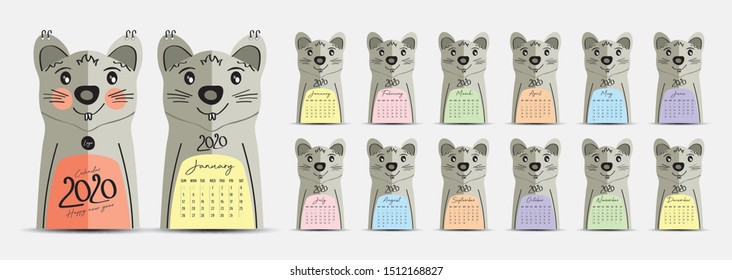 Calendar 2020 template vector, Set Desk calendar 2020 with rat cartoon style, Week start on Sunday, Set of 12 Months, mouse animal chinese zodiac sign
