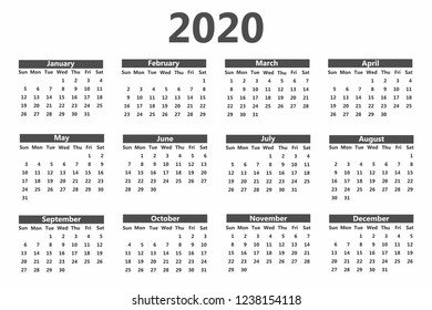 Calendar 2020 template. Week starts on Sunday. Simple style. Vector