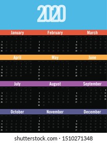Calendar 2020 template. Week starts Sunday