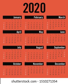 Calendar 2020 template. Week starts Sunday