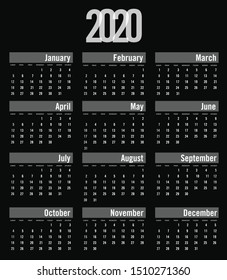 Calendar 2020 template. Week starts Sunday