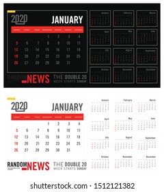 Calendar 2020 template. Week starts Sunday