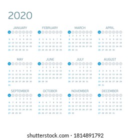 Plantilla de Calendario 2020. La semana comienza el lunes.  Diseño estacional. 12 meses en la página. Ilustración del vector EPS 10.
