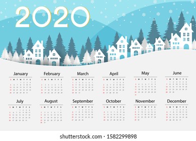 Calendar 2020 template in winter. Vector illustration