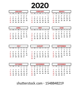 calendar 2020 template. year 2020. simple and convenient calendar design. vector eps10