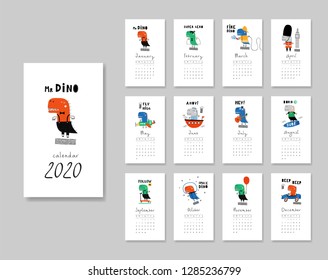 Calendar 2020. Templates with cute hand drawn dino. Vector illustration. Blue, red and green colors.