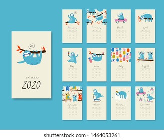 Calendar 2020. Templates with cute hand drawn blue sloth. Vector illustration. Blue, pink and red colors.