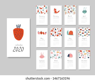Calendar 2020. Templates with cute hand drawn animals and fruits. Vector illustration. Pink, red, yellow and blue colors.