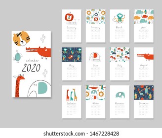 Calendar 2020. Templates with cute hand drawn african animals. Vector illustration. Red, yellow, green and blue colors.