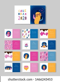 Calendar 2020. Templates with funny cute cactus music band. Vector illustration in pink, yellow and blue.