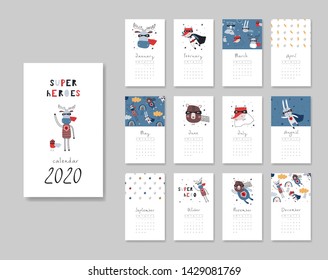 Calendar 2020. Templates with funny hand drawn  superheroes: bear, fox, bunny, bird and elk. Vector illustration. Blue, yellow and red colors.