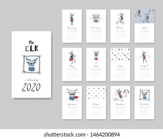 Calendar 2020. Templates with funny hand drawn elk. Vector illustration. Blue, brown and red colors.