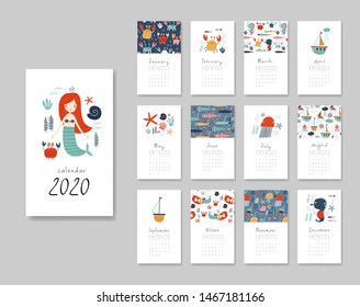 Calendar 2020. Templates with mermaid theme design. Vector illustration. Pink, blue and green colors.