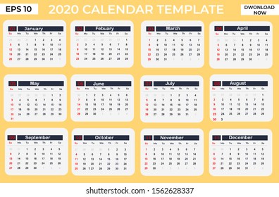Calendar 2020 template.Wall calendar template for 2020 year. Week starts on Sunday. Vector illustration