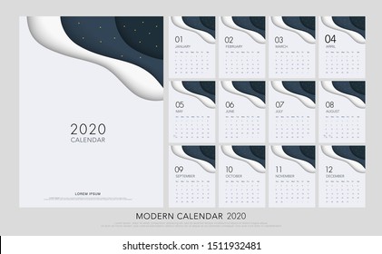 Calendar 2020 Trendy Gradients Origami Style. Set of 12 pages desk calendar. Vector design printing template