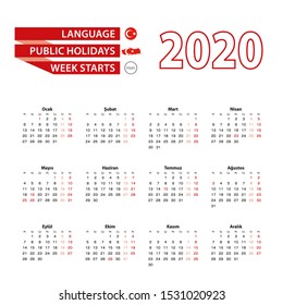 Calendar 2020 in Turkish language with public holidays the country of Turkey in year 2020. Week starts from Monday. Vector Illustration.