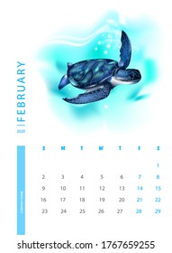 Calendar for 2020 with turtles. Vector design template with illustrations of sea animals. February