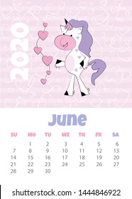 Calendar 2020 with unicorn. June. Funny unicorn with hearts. Vector illustration.