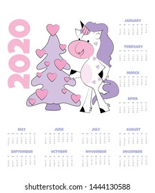 Calendar 2020 with unicorn. Vector illustration. Funny unicorn with hearts.