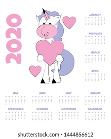 Calendar 2020 with unicorn. Vector illustration. Funny unicorn with hearts.