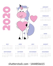 Calendar 2020 with unicorn. Vector illustration. Funny unicorn with hearts.
