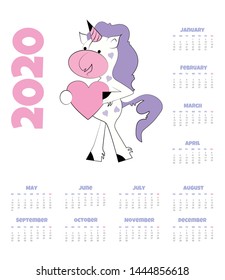 Calendar 2020 with unicorn. Vector illustration. Funny unicorn with hearts.