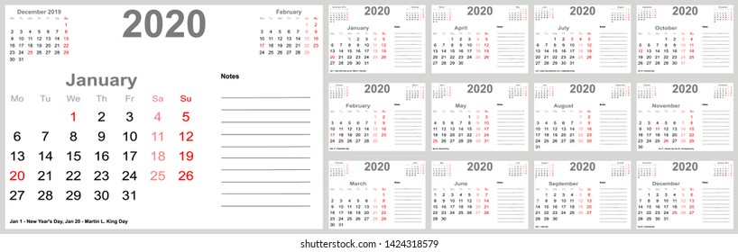 Calendar 2020 for USA with holidays, room for notes and above with previous and following month. Set of 12 months. Week starts Monday.