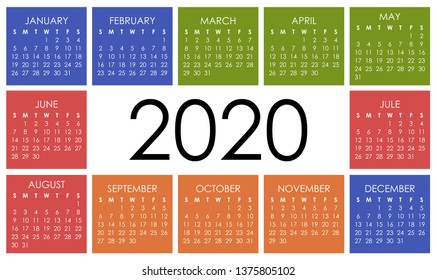 Calendar 2020 USA horizontal