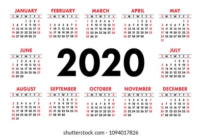 Calendar 2020 vector basic grid. Simple design template
