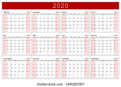 Calendar 2020 vector basic grid. Simple design template. Vector illustration eps 10