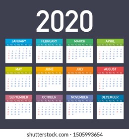 Calendar 2020 vector basic grid. Simple design template. Vector illustration.
