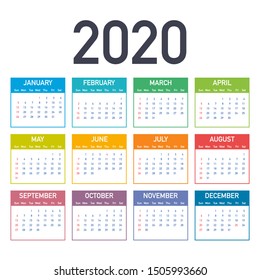 Calendar 2020 vector basic grid. Simple design template. Vector illustration.