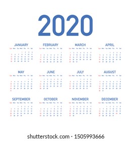 Calendar 2020 vector basic grid. Simple design template. Vector illustration.