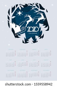 Calendar 2020 vector basic grid. Santa with deer in forest in the winter season. Winter paper art design. Christmas and happy new year. Vector illustration