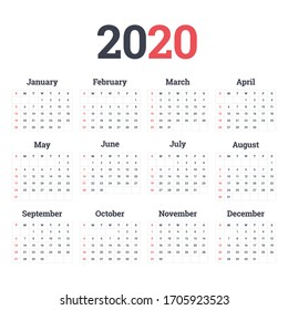 Calendar 2020 vector basic grid. Simple design template. EPS 10